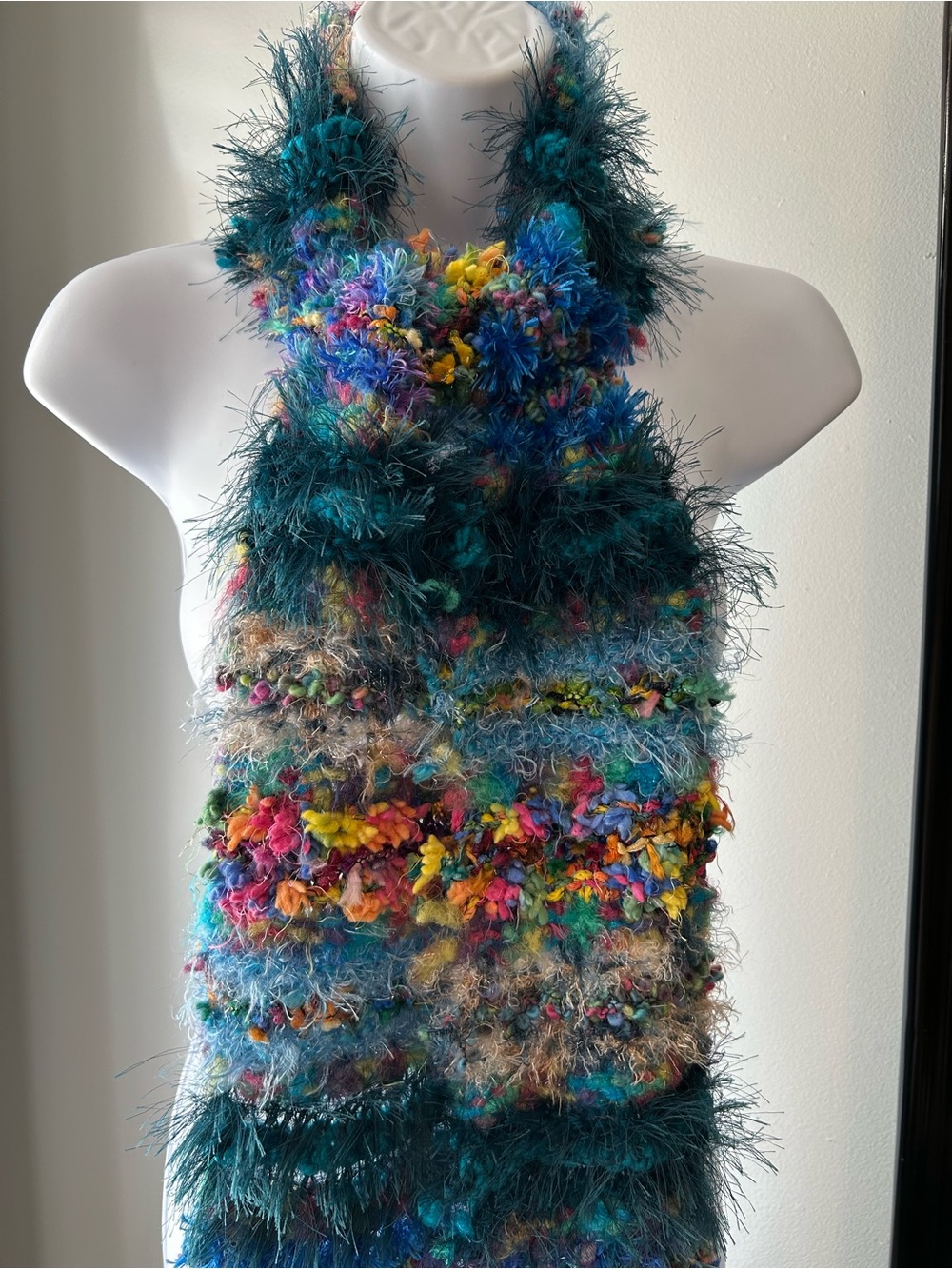 Textured Multicolor Fuzzy Knit Scarf - Teal Multicolor